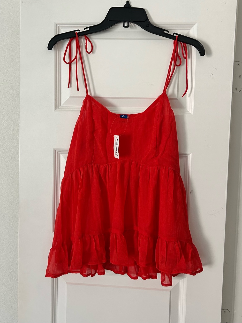 NWT Okd Navy Red Tie-Strap Ruffled Women's Tank MEDIUM TALL